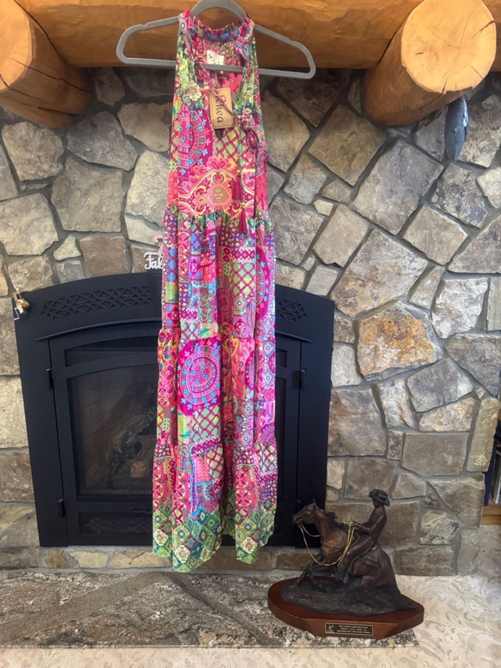 Rhea Boho Maxi Dress in Vibrant Pink, Red and Green